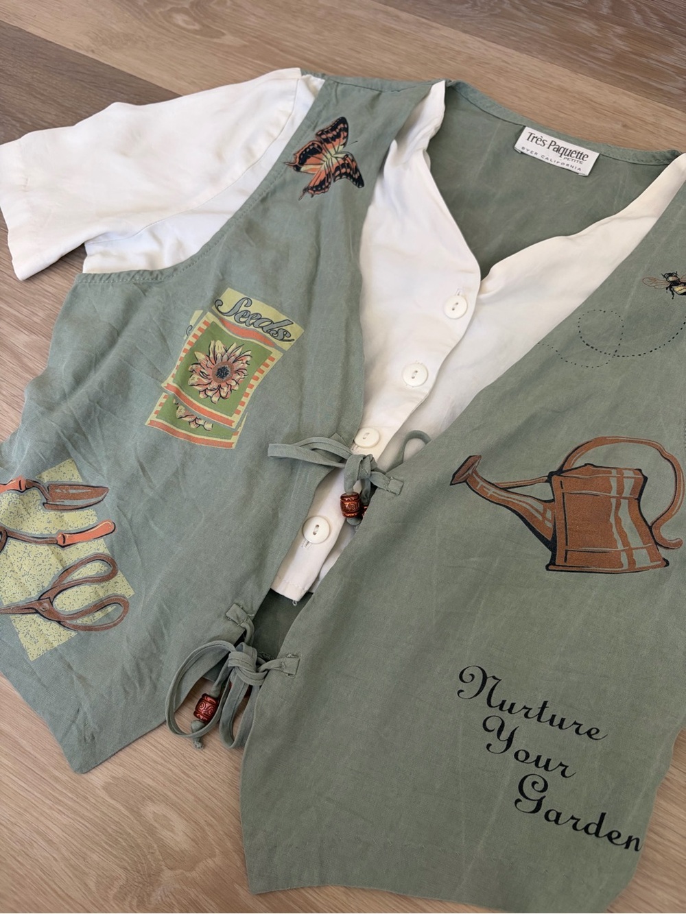 Vintage Très Paquette Garden Graphic Layered Vest Blouse - Picture 3 of 7